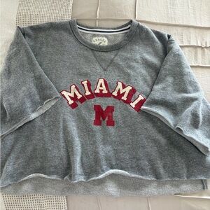 League Women's Gray and Red Miami Crew Neck Cropped Sweater